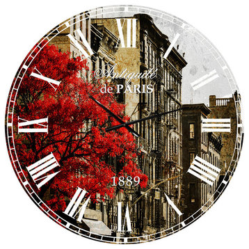Red Tree On Black and White New York Cityscapes Metal Clock, 36x36