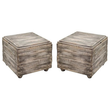 Home Square Wooden Cube Table in Waxed Driftwood Finish - Set of 2