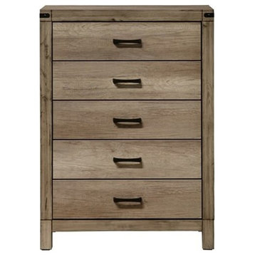 Benzara BM215354 5 Drawer Rustic Style Chest With Bar Pulls, Weathered Gray