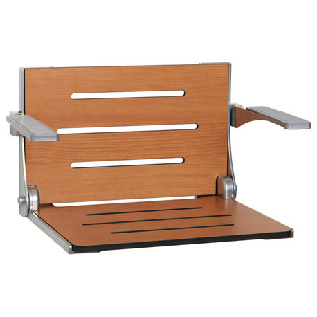 Seachrome Silhouette Comfort Shower Seats with Arms, Teak Seat With Silver Frame