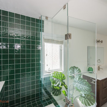 Vibrant Green Ceramic Tiles Bring Life to a Hallway Bathroom