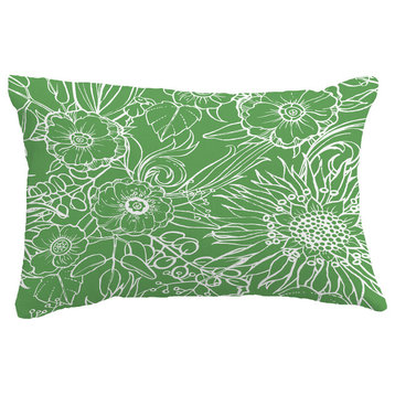 Zentangle 4 Floral Print Throw Pillow With Linen Texture, Green, 14"x20"