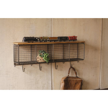 Wire Mesh Four Horizontal Cubbies With Wooden Top, Raw