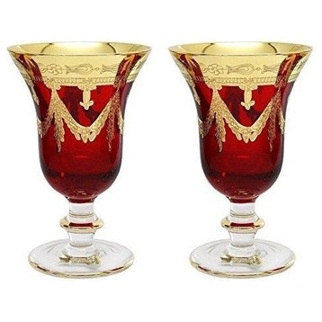 Interglass Italy Set of 2 Crystal Glasses, 24K Gold-Plated (Wine Goblets, Red)