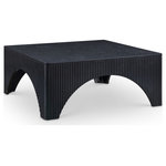 Meridian Furniture - Eloise Oak Veneer Coffee Table, Black, Wood - Introducing a striking addition to modern living spaces, the Eloise black oak veneeer coffee table brings a bold and architectural presence. Its sleek, square top is complemented by textured vertical detailing along the sides, adding depth and visual intrigue. The arched cutouts at the base create a sculptural look, creating a statement while offering ample surface space for decor or everyday essentials, perfect for contemporary or minimalist interiors.
