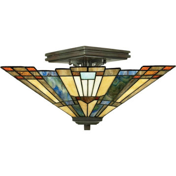 2 Light Small Semi Flush Mount - Tiffany Mission Style Ceiling Light