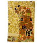 Kashmir Designs - Klimt Kiss Wool Rug / Wall Tapestry Hand Embroidered 6ft x 4ft - This modern accent wool Rug is hand embroidered by the finest artisans of Kashmir and design inspired by the works of modern artist, Gustav Klimt. Many of our customers buy these contemporary rugs as a wall art to decorate the walls of their modern homes or to spice up their traditional decor. The expert Kashmiri needlework in this handmade, hand embroidered contemporary rug is of the finest chainstitch, a superlative stitch. The eye-catching design deserves to be seen and experienced. Wherever you place it, it is sure to draw attention. The Kashmir wool makes it soft to the touch, and the texture of the embroidery is a sensory delight. This area rug will make an excellent outdoor or indoor rug and will add fun and festive atmosphere in your home.