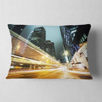 Traffic in Hong Kong at Night Cityscape Throw Pillow, 12"x20"