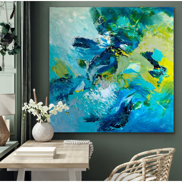 48x48 IN Original Large Modern teal blue and Lime green abstract Painting