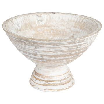 Boho Wood Pedestal Serving Bowl, White Wash Finish