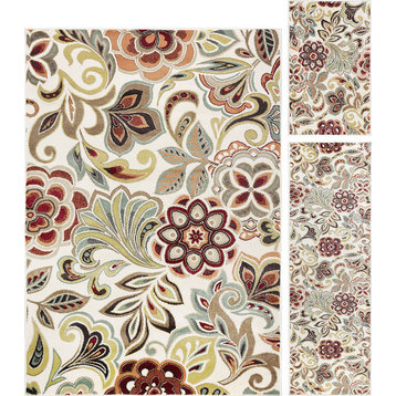 Dilek Transitional Floral Area Rug, Ivory, 5' X 7', 20'' X 60'', 20'' X 32''