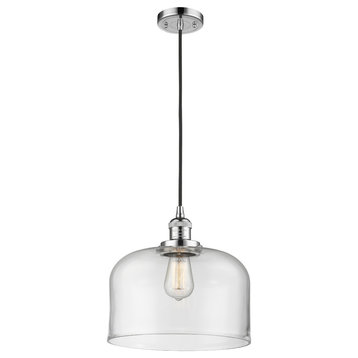1-Light Large Bell 12" Pendant, Polished Chrome, Glass: Clear