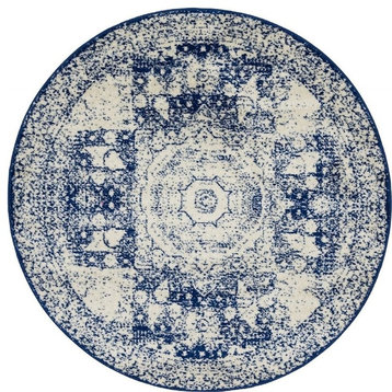 Traditional Vienna 5' Round Creme and Blue Area Rug