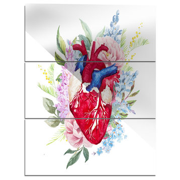 "Watercolor Heart With Flowers" Digital Glossy Metal Wall Art, 3 Panels, 28"x36"