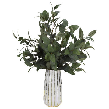 Green Elm Branches, White and Gold Ceramic Vase