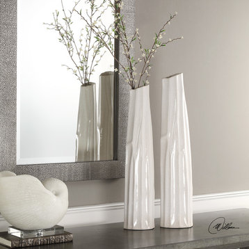 2-Piece Midcentury Modern Tall Abstract Pillar Vase Set, White Sculpture Ceramic