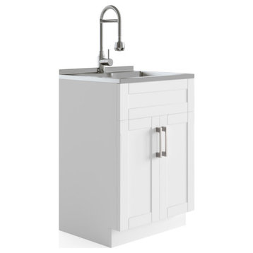 Deluxe 24 Inch Laundry Cabinet With Faucet & Stainless Steel Sink, Pure White