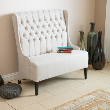 Contemporary Living Room w/ Light Beige Wingback Loveseat Sofa