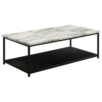 Contemporary Coffee Table, Black Lower Shelf, Rectangle Top, White Faux Marble