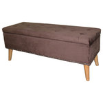 ORE International - 17"H Brown Suede Tufted Storage Bench - Contemporary compact tufted ottoman upholstered in a sophisticated yet easy-care Brown Suede fabric. Pair it with its companion stand-alone or sectional pieces, all with firm but plump support. Wooden legs finished in a reclaim teak wood put an elegant spin on this handy storage bench.