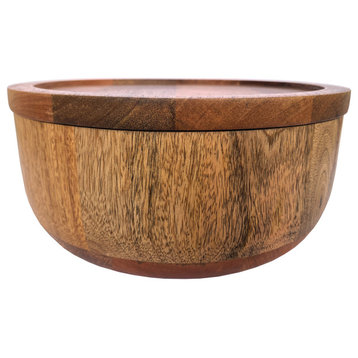 Round Mango Wood Serving Bowl With Lid, Natural