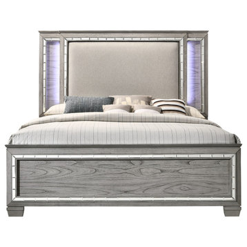 Acme Led Hb Queen Bed And Fabric And Light Gray Oak 21820Q