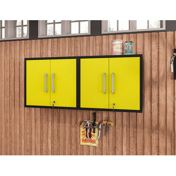 Manhattan Comfort Eiffel Floating Garage Storage Cabinet, Lock & Key, Yellow, 2-Piece Set