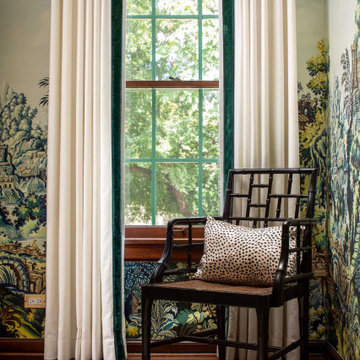 Scenic landscape wallpaper mural in classic dining room