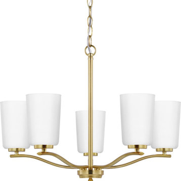 Adley Collection Five-Light Satin Brass Etched White Glass Chandelier