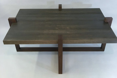 Texturized, weathered  vertical grain hemlock and mahogany coffee table