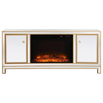 Rosie 60" Mirrored TV Stand With Wood Fireplace, Gold