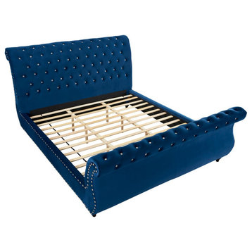 Classic Platform Bed, Scrolled Head/Foot With Faux Crystal Tufting, Blue, Queen