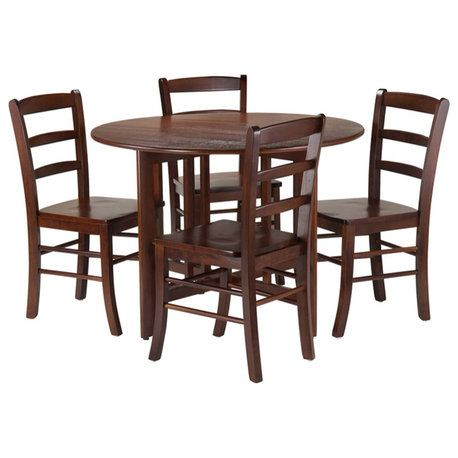 Winsome Alamo 5-Piece Round Drop Leaf Solid Wood Dining Set in Walnut