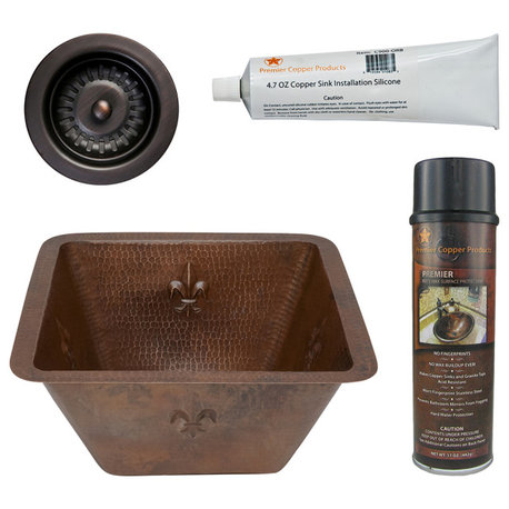 15" Square Fleur De Lis Copper Bar/Prep Sink, 3.5" Drain Opening