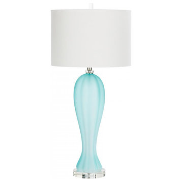 Aubrey Table Lamp 1-Light Green Glass Cream Linen Shade & Patterned Liner 34.5"H