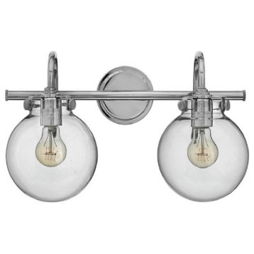 Steel Bathroom Vanity Light With 2 Clear Glass Globe Shades, Satin Nickel Finish
