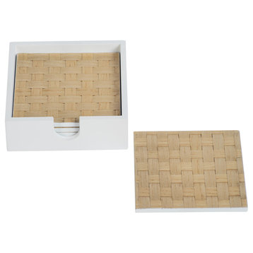 4-Piece Woven Ash White Coaster Set With Holder, Square
