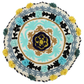 Decorative Gold and Blue Throw Pillow With Eclectic Mandala Embroidery