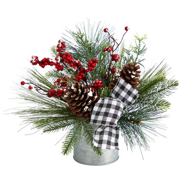 12" Frosted Pinecones and Berries Faux Arrangement, Vase W/ Decorative Plaid Bow
