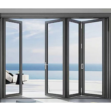 Aluminum folding patio doors 10'x8', black color. low e glass L-R