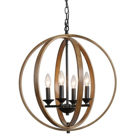 LNC Farmhouse 4-Light Amtique Globe Brown Wood Chandelier for Kitchen Island