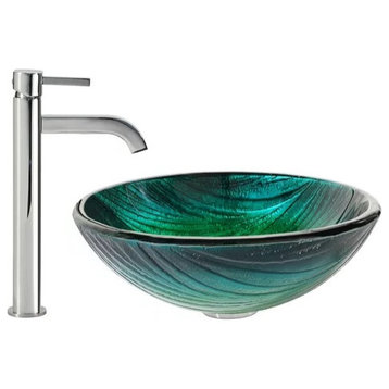 Contemporary Bathroom Faucet With Faucet, Green Glass Vessel, Chrome
