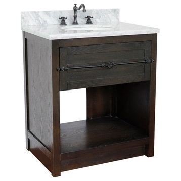 30" Single Vanity, Brown Ash, White Carrara Top, Oval Sink