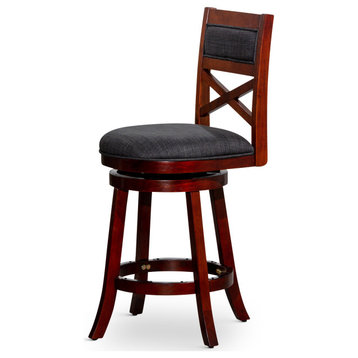DTY Indoor Living Meeker X Back Swivel Stool, 24" Counter Stool, Cherry, Charcoal Fabric