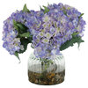 D&W Silks Blue Hydrangeas in Ribbed Glass Vase