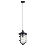 Kichler - Outdoor Pendant 1-Light, Distressed Black - This 2 light outdoor wall light from the Royal Marine collection's nautical-inspired style gets a 21st-century update with a slightly scalloped base and decorative arm. The oversized caged glass features a seeded detail and Distressed Black finish, adding to the vintage character.