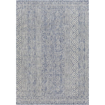 Transitional Indoor Outdoor Area Rug, Tribal Pattern, Light Blue/7'10" X 10'2"