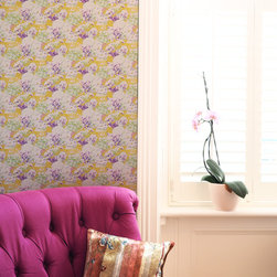 WILWORTH &ndash; LIME GREEN, PURPLE SMALL HYDRANGEA ON SILVER Pattern Number: 2016-100 - Wallpaper
