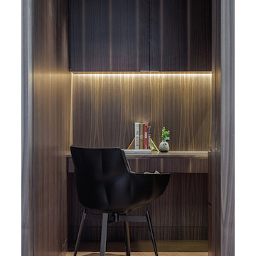 Dark wood provides a space for concentration