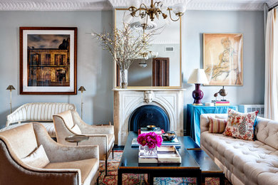 Inspiration for a large victorian enclosed and formal living room remodel in New York with gray walls, a standard fireplace, a stone fireplace and no tv